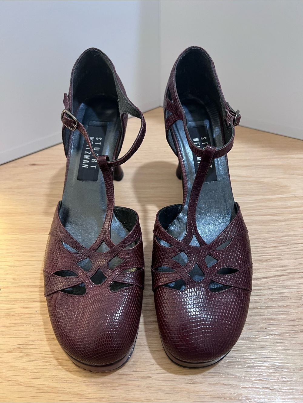 Stuart Weitzman Wine T-Strap Textured Leather Heels